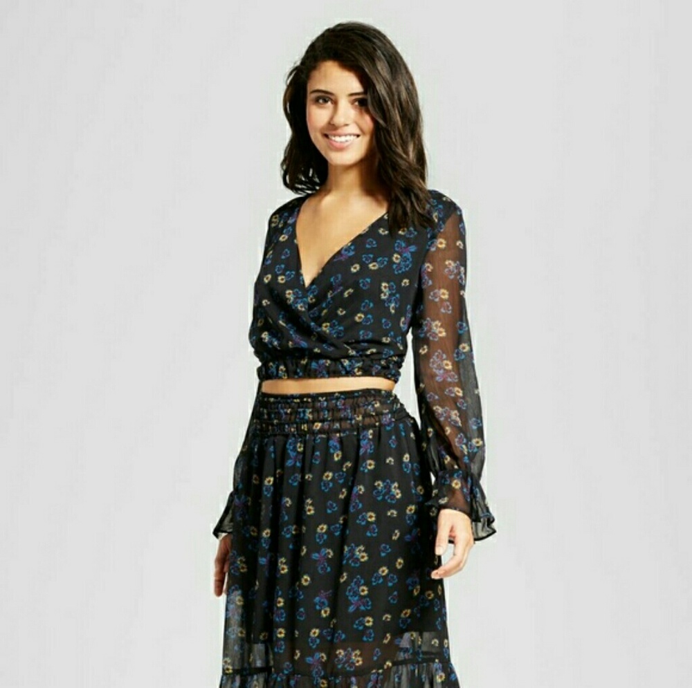 Xhiliration sheer black floral crop